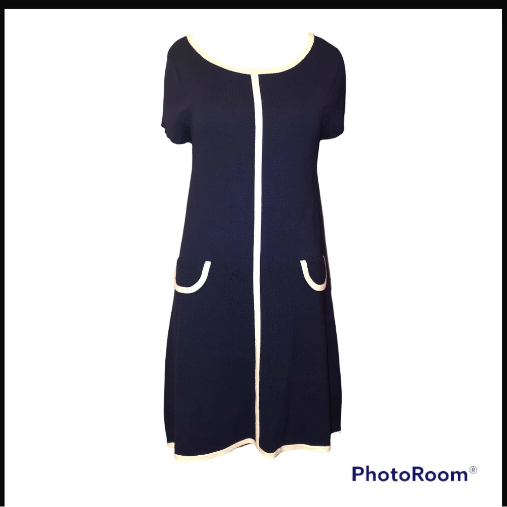 Alice + Olivia Blue Knit Mini Dress Short White Trim Short Sleeve Size Large EUC